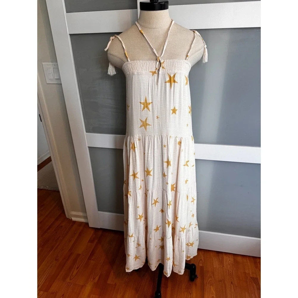 Storia Gold Star Midi Sun Dress Cream Tie Shoulder Smocked Tiered XS Guaze